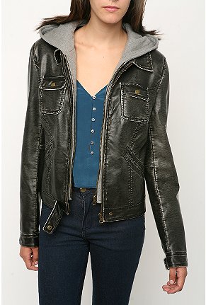 silence and noise fleece hood faux leather jacket